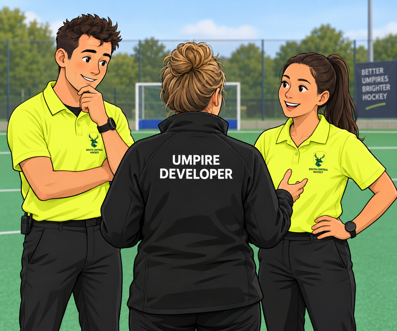 Developer with 2 umpires Cartoon style image of 2 umpires with a developer